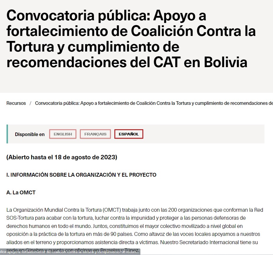 Convocatoria pública: Apoyo a fortalecimiento de Coalición Contra la Tortura y cumplimiento de recomendaciones del CAT en Bolivia